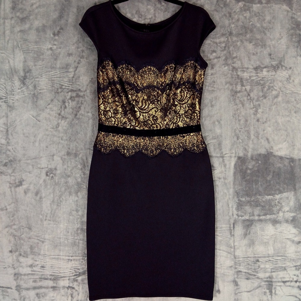 Tadashi Shoji Sheath Dress Womens 6 Black Gold Lace Sequin Cocktail Glamour